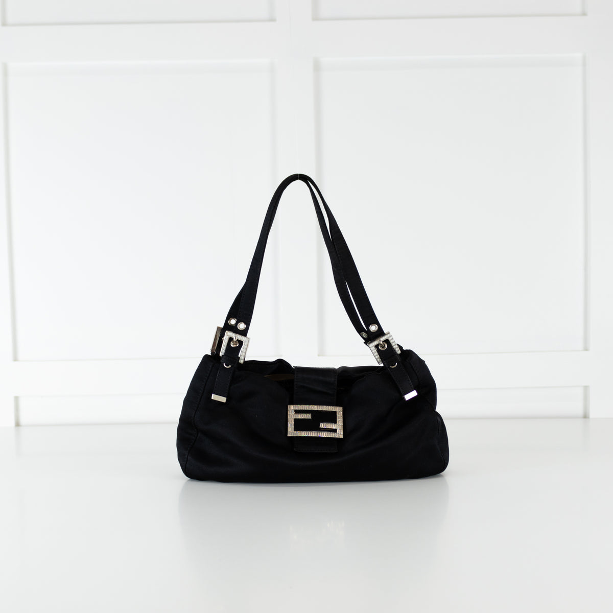 Fendi Black Satin Crystal Buckle Baguette Bag