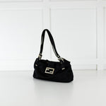 Fendi Black Satin Crystal Buckle Baguette Bag