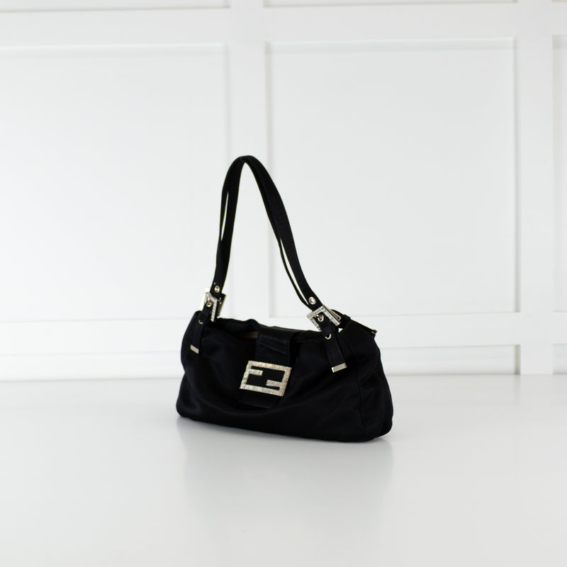 Fendi Black Satin Crystal Buckle Baguette Bag