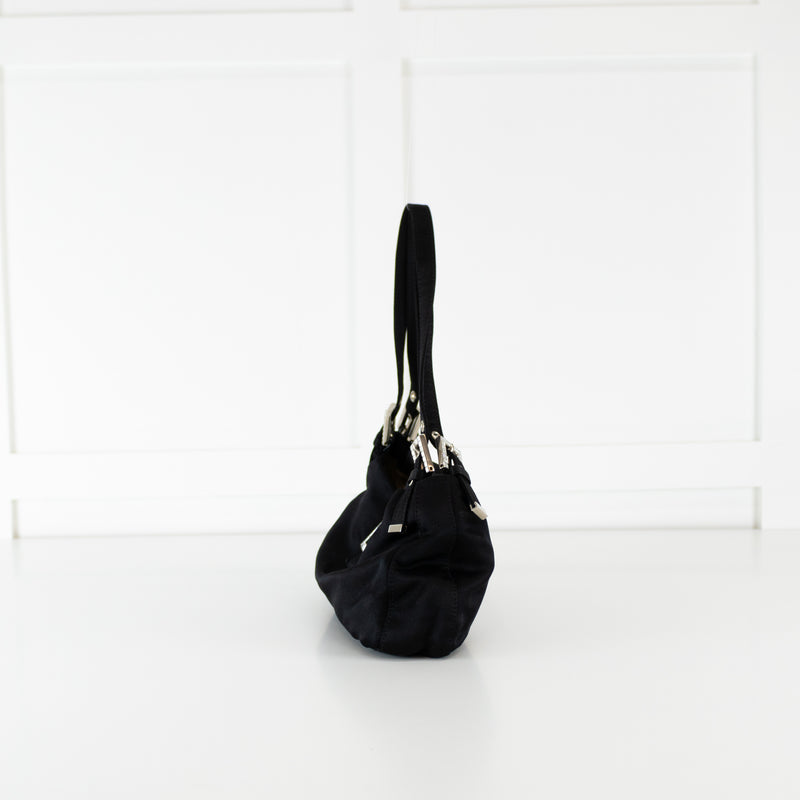 Fendi Black Satin Crystal Buckle Baguette Bag