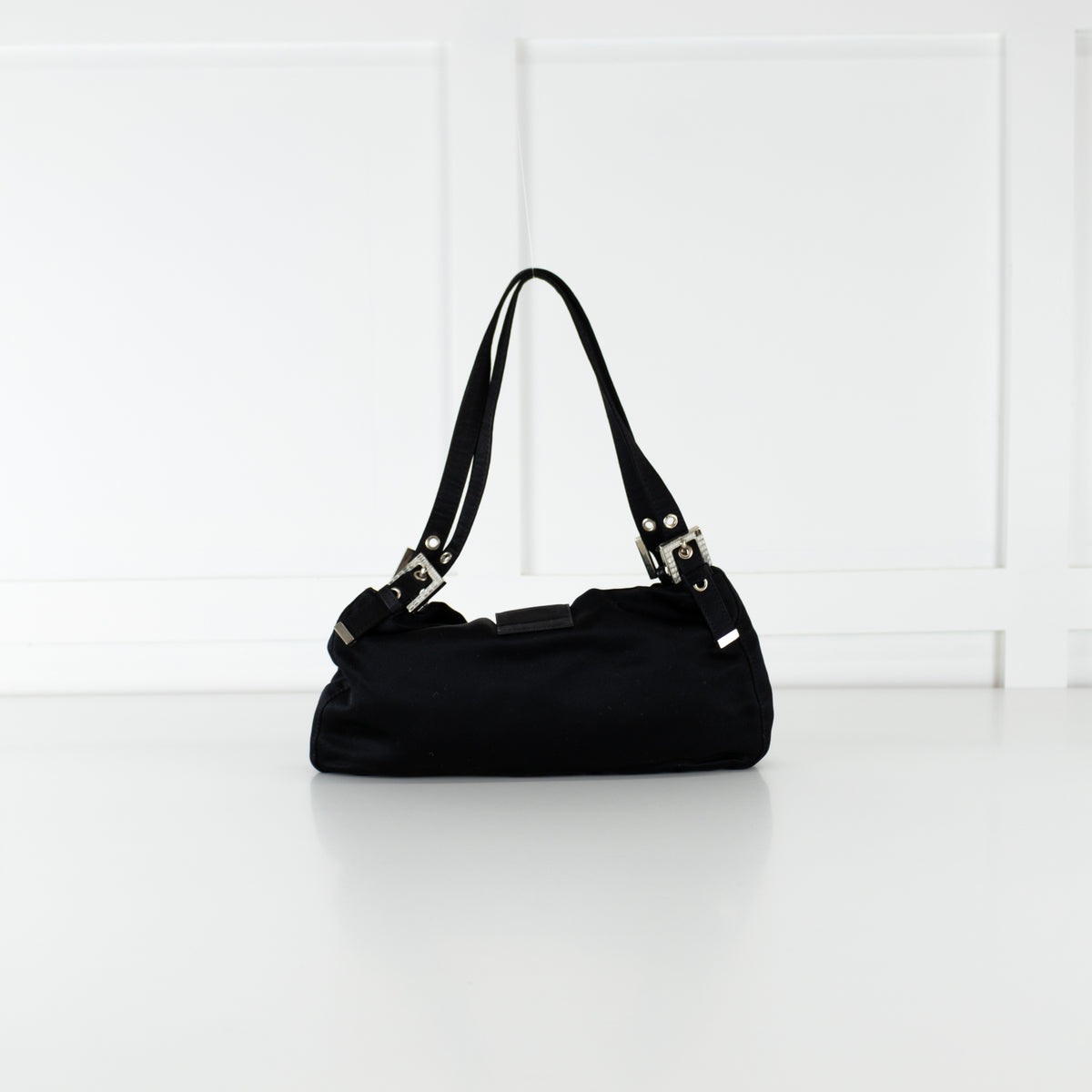 Fendi Black Satin Crystal Buckle Baguette Bag