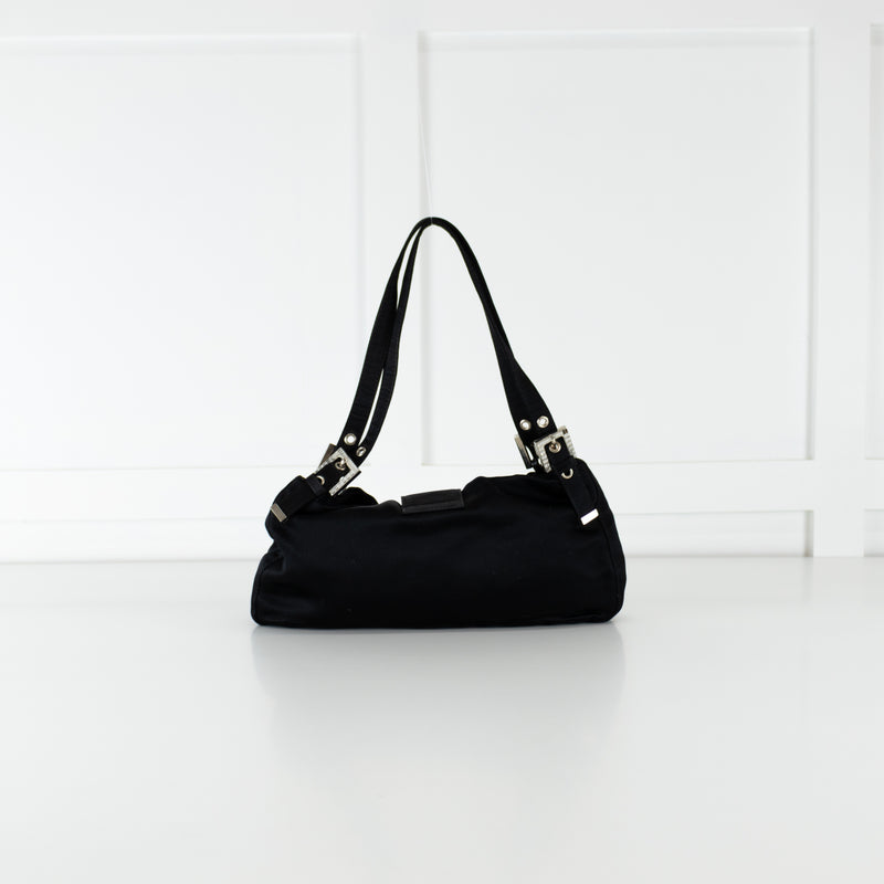 Fendi Black Satin Crystal Buckle Baguette Bag