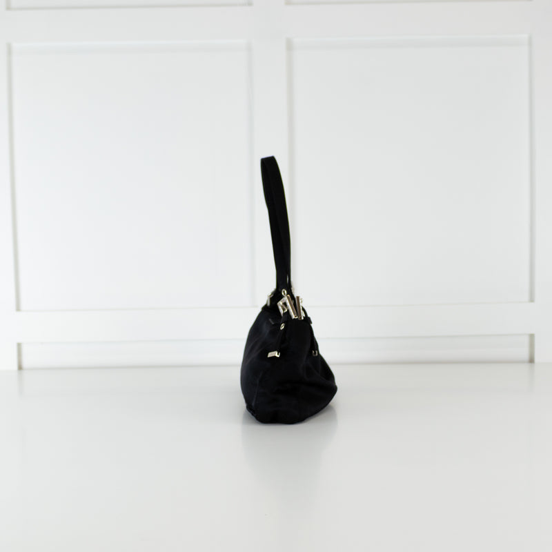 Fendi Black Satin Crystal Buckle Baguette Bag
