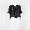 Doen Black Pintuck Floral Embroidery Short Sleeve Blouse