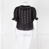 Doen Black Pintuck Floral Embroidery Short Sleeve Blouse