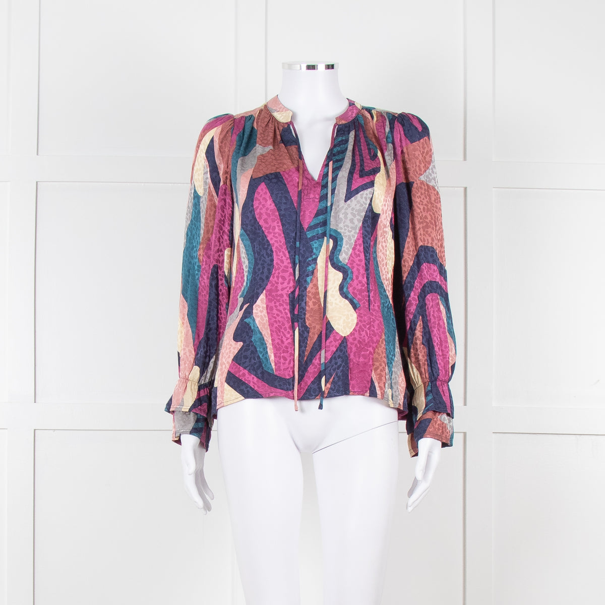 Ba&sh Blue and Purple Swirl Print Cuffed Blouse
