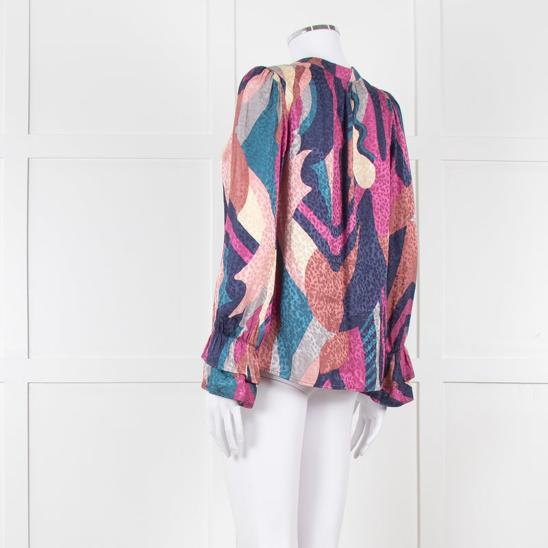 Ba&sh Blue and Purple Swirl Print Cuffed Blouse
