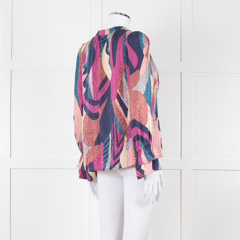 Ba&sh Blue and Purple Swirl Print Cuffed Blouse