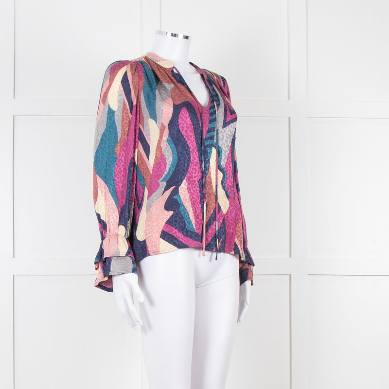 Ba&sh Blue and Purple Swirl Print Cuffed Blouse