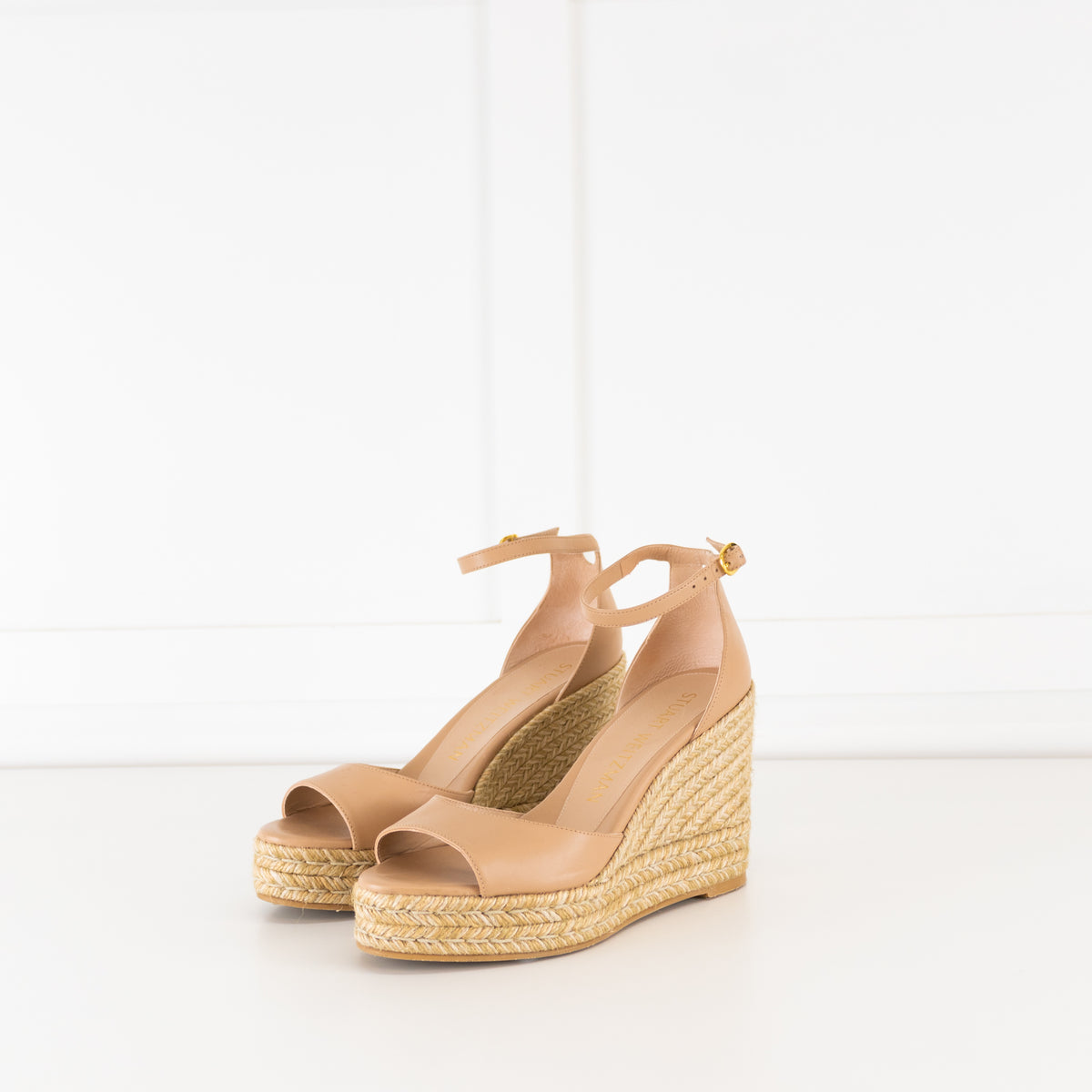 Stuart Weitzman Nude Open Toe Wedge Espadrilles with Ankle Strap