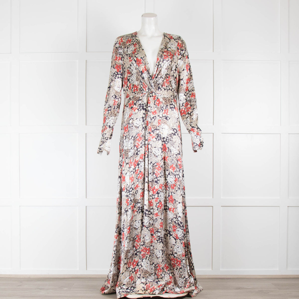 Ganni Cream red Floral V Neck Maxi Long Sleeve Dress