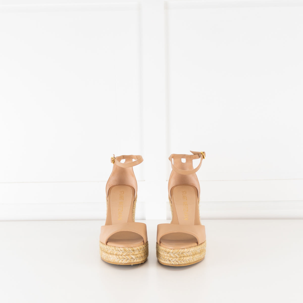 Stuart Weitzman Nude Open Toe Wedge Espadrilles with Ankle Strap