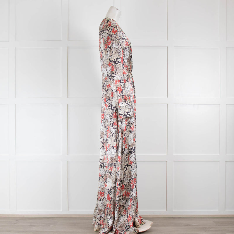 Ganni Cream red Floral V Neck Maxi Long Sleeve Dress