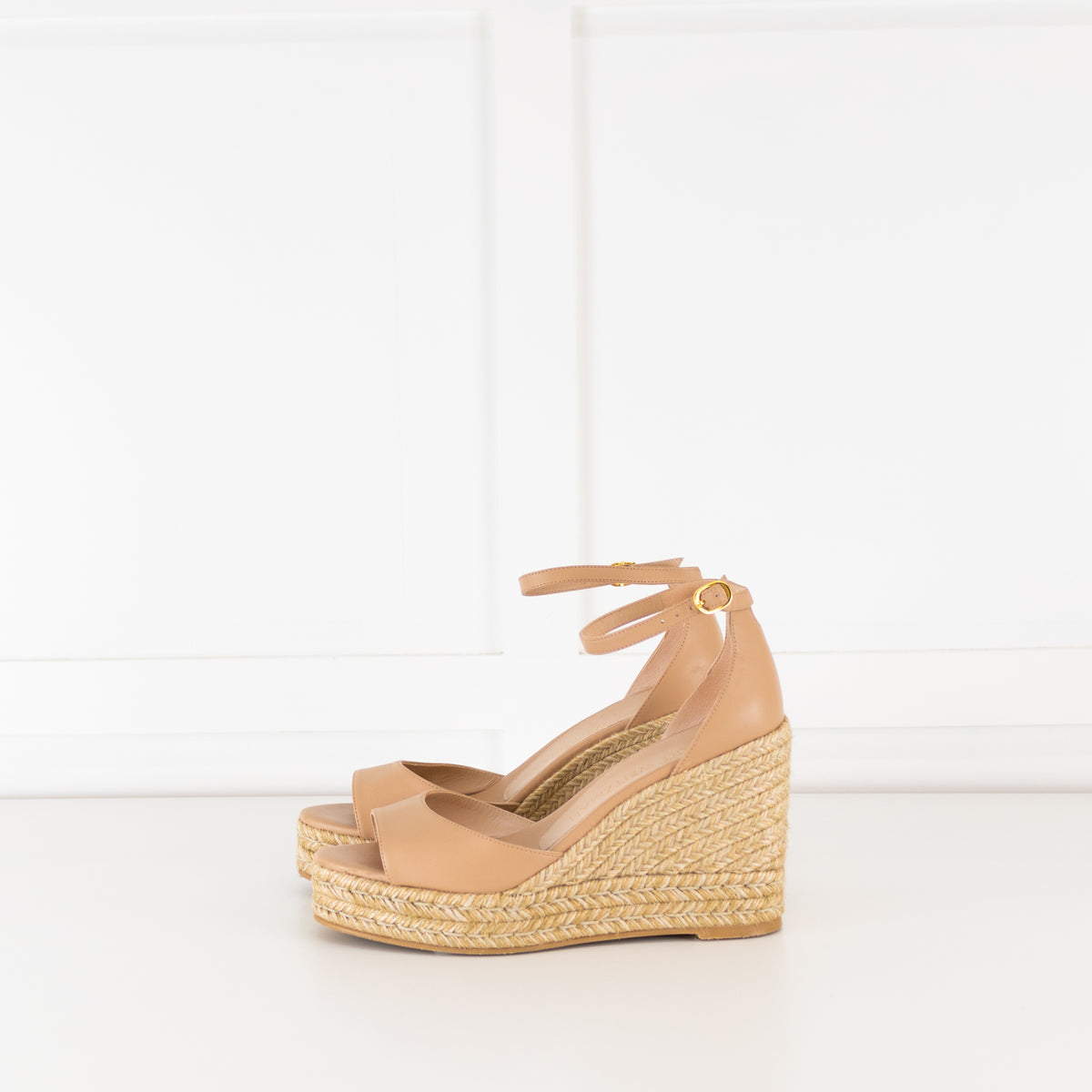 Stuart Weitzman Nude Open Toe Wedge Espadrilles with Ankle Strap