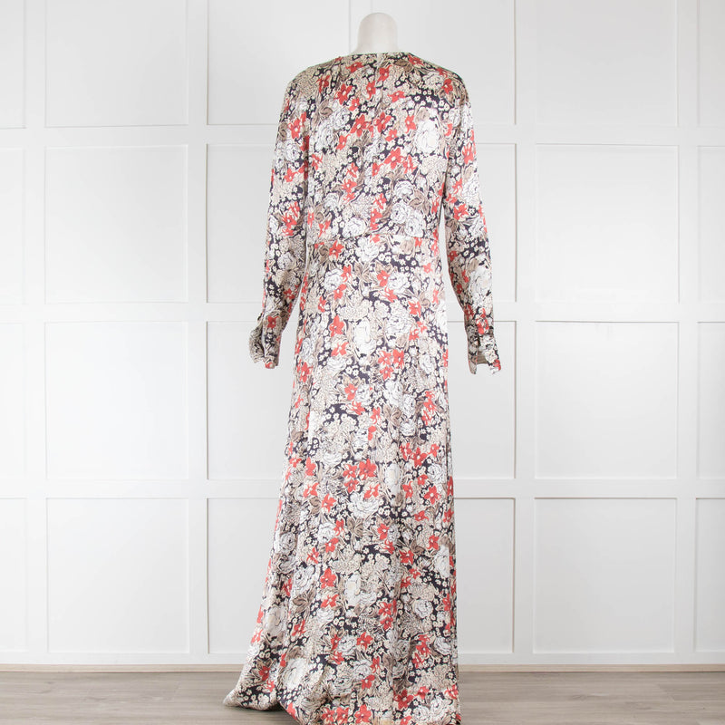 Ganni Cream red Floral V Neck Maxi Long Sleeve Dress