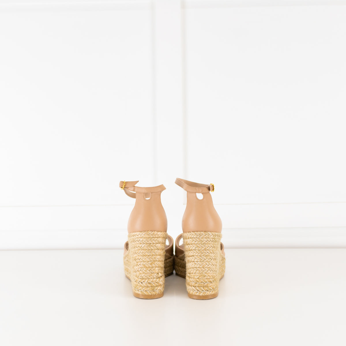 Stuart Weitzman Nude Open Toe Wedge Espadrilles with Ankle Strap