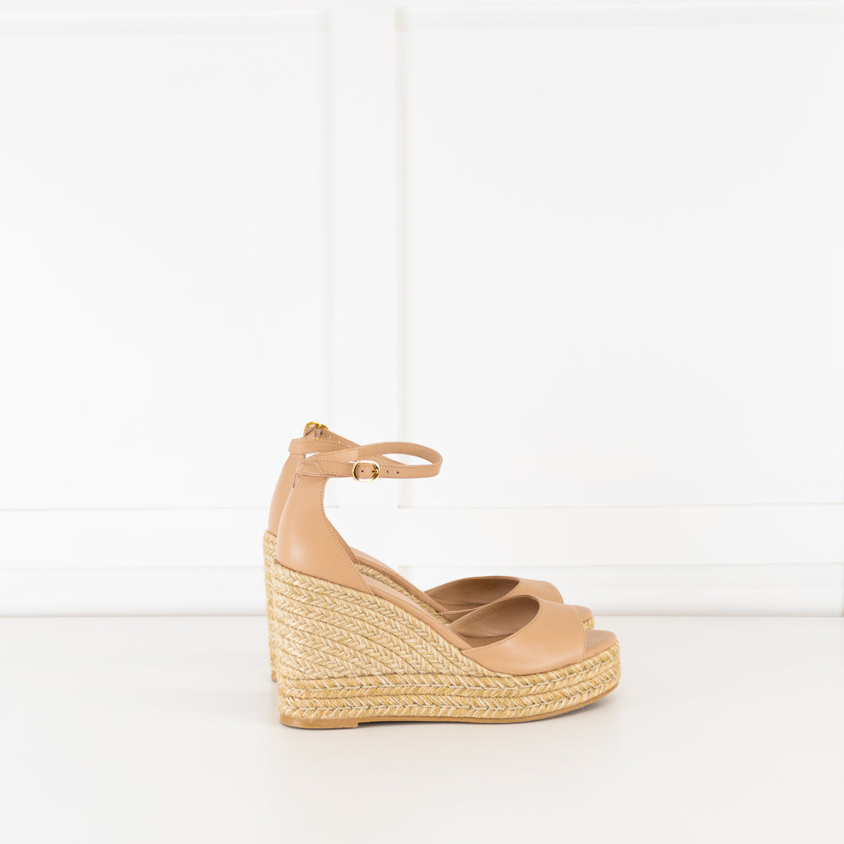 Stuart Weitzman Nude Open Toe Wedge Espadrilles with Ankle Strap