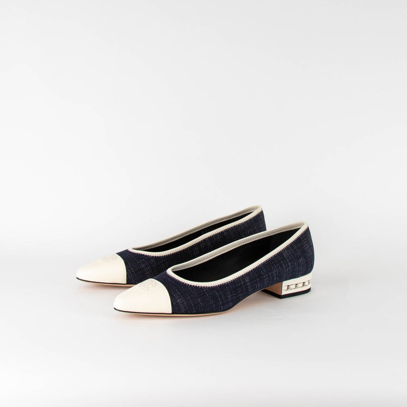 Chanel Cream Cap Toe Denim Flats  with Chain Heel Detail