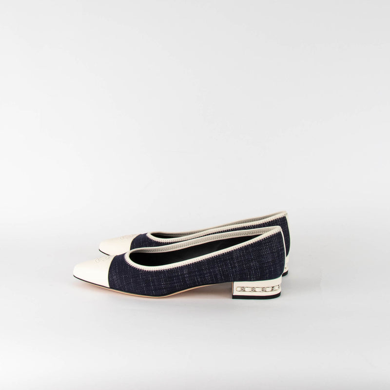 Chanel Cream Cap Toe Denim Flats  with Chain Heel Detail