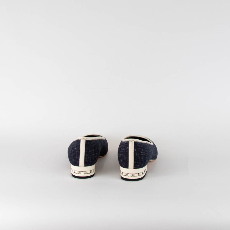 Chanel Cream Cap Toe Denim Flats  with Chain Heel Detail