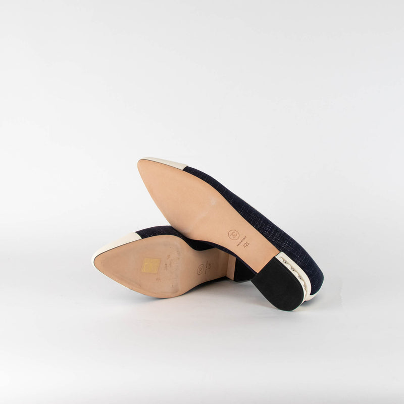 Chanel Cream Cap Toe Denim Flats  with Chain Heel Detail