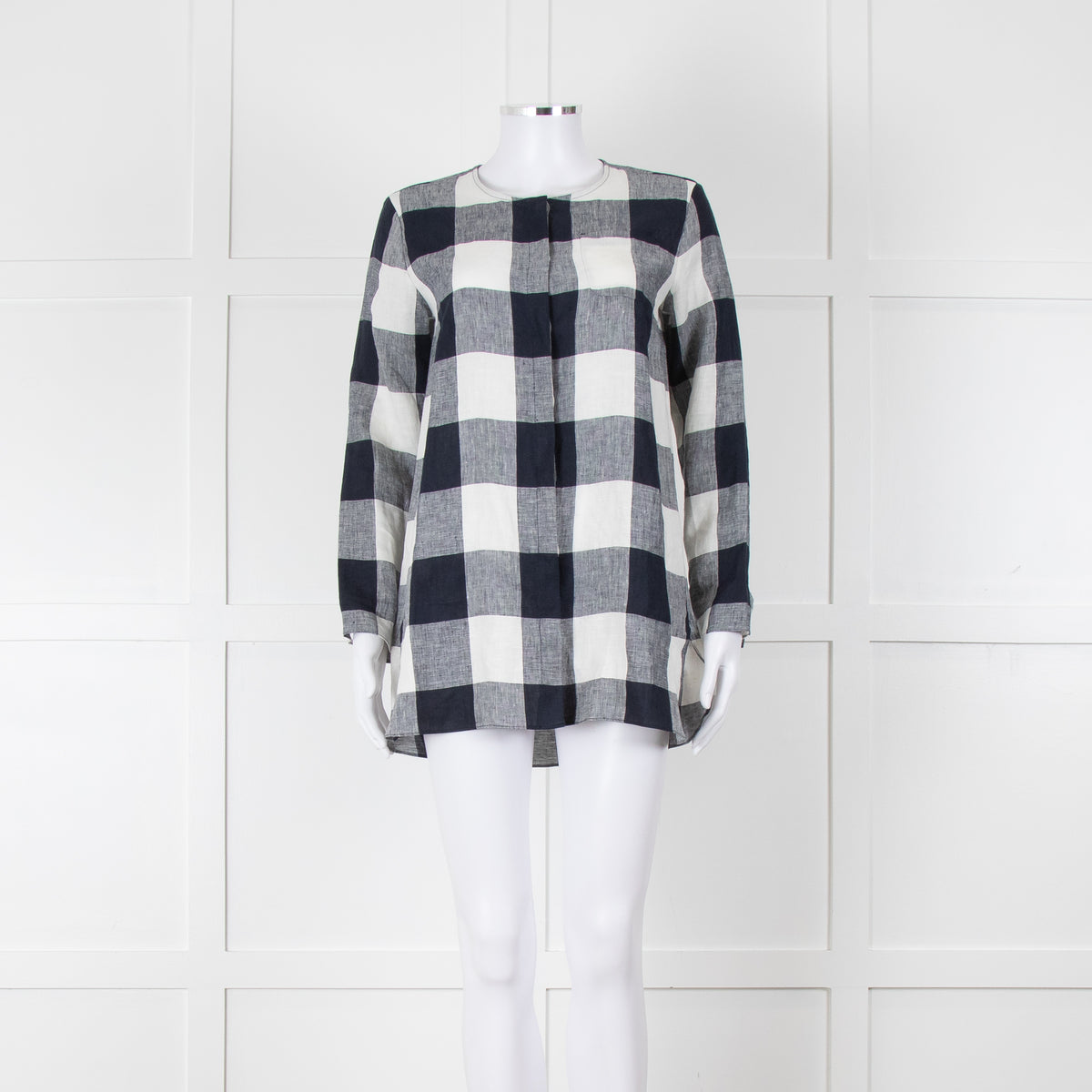 S Max Mara Navy Blue White Macro Check Linen Blouse