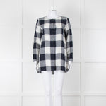 S Max Mara Navy Blue White Macro Check Linen Blouse