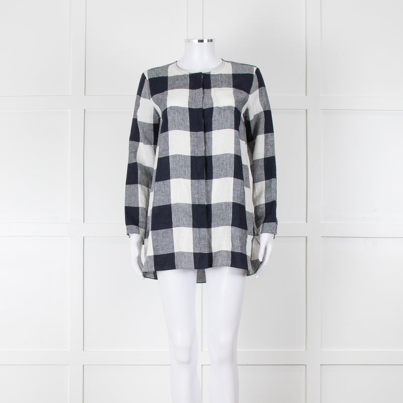 S Max Mara Navy Blue White Macro Check Linen Blouse