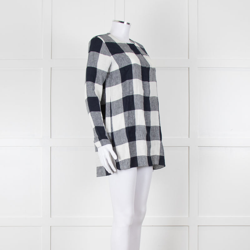 S Max Mara Navy Blue White Macro Check Linen Blouse