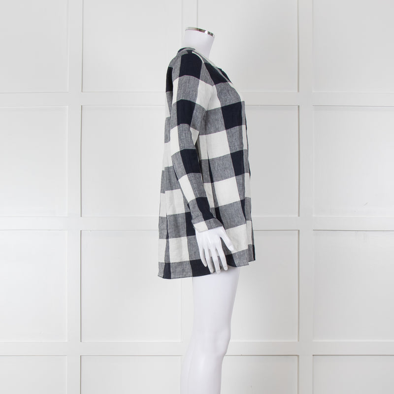 S Max Mara Navy Blue White Macro Check Linen Blouse