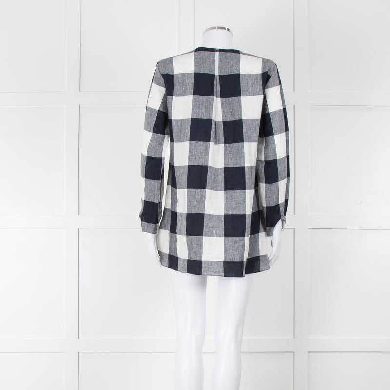S Max Mara Navy Blue White Macro Check Linen Blouse