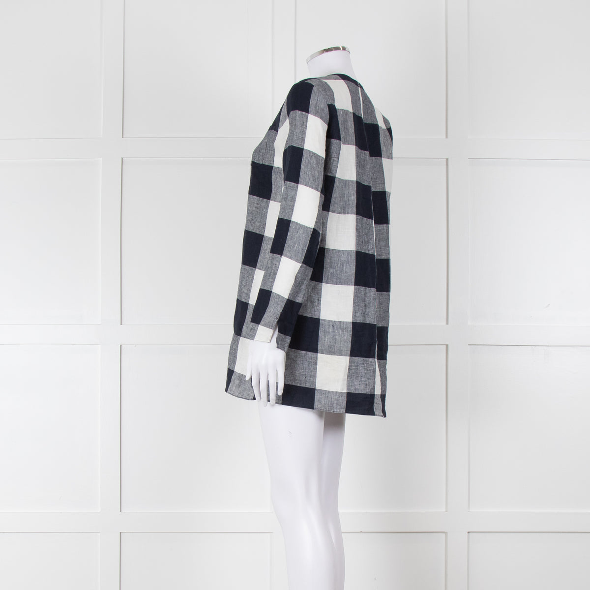 S Max Mara Navy Blue White Macro Check Linen Blouse