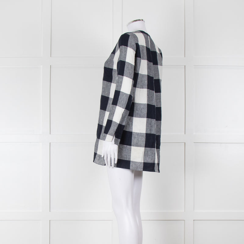 S Max Mara Navy Blue White Macro Check Linen Blouse