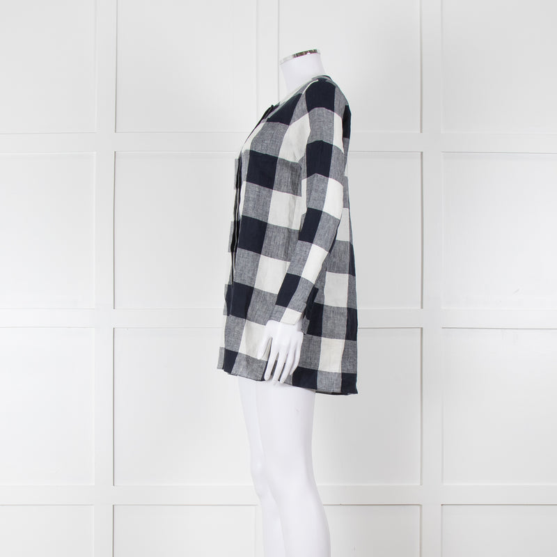 S Max Mara Navy Blue White Macro Check Linen Blouse