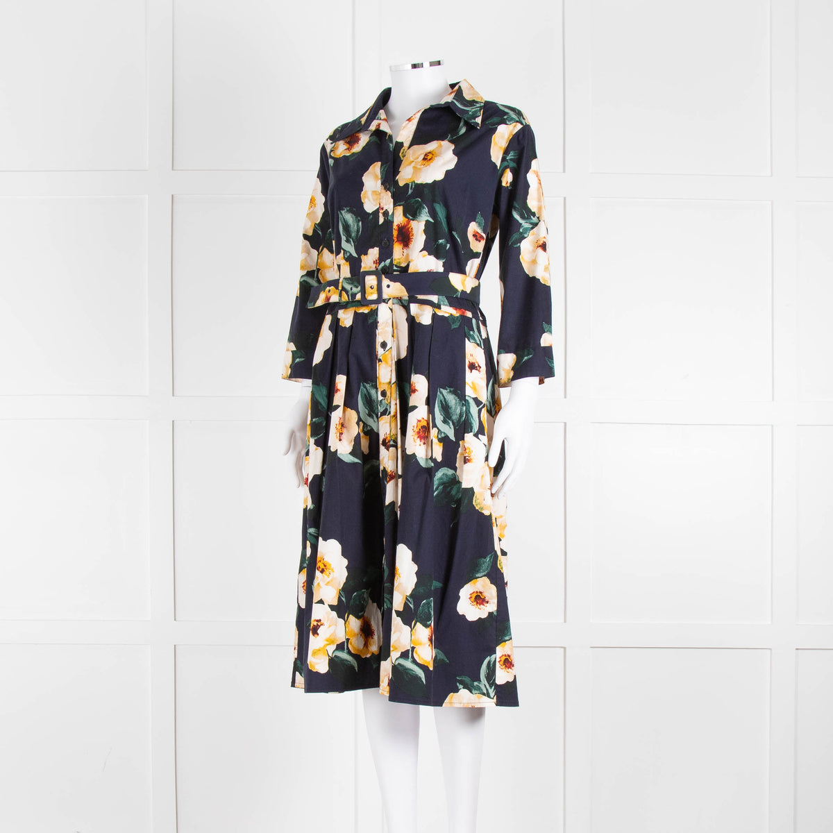 Samantha Sung Navy Shirt Dress with Yellow Flowers