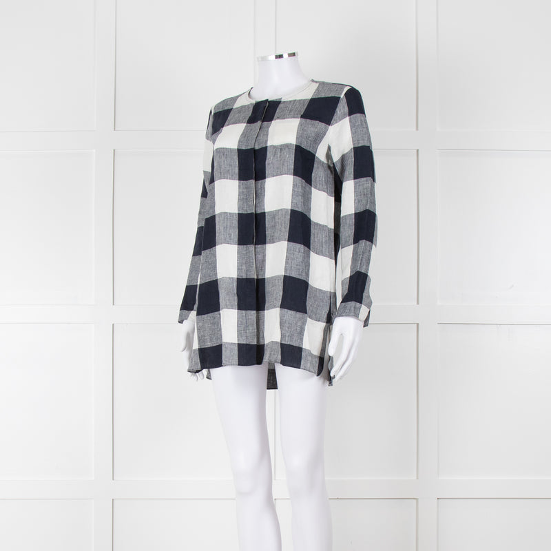 S Max Mara Navy Blue White Macro Check Linen Blouse
