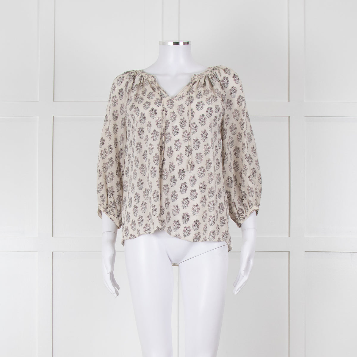 Rebecca Taylor Cream Pink Grey Silk Floral Print Tie Front Blouse