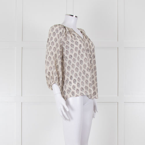 Rebecca Taylor Cream Pink Grey Silk Floral Print Tie Front Blouse