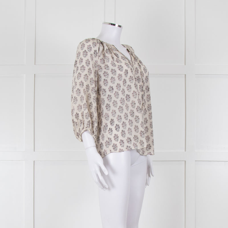Rebecca Taylor Cream Pink Grey Silk Floral Print Tie Front Blouse