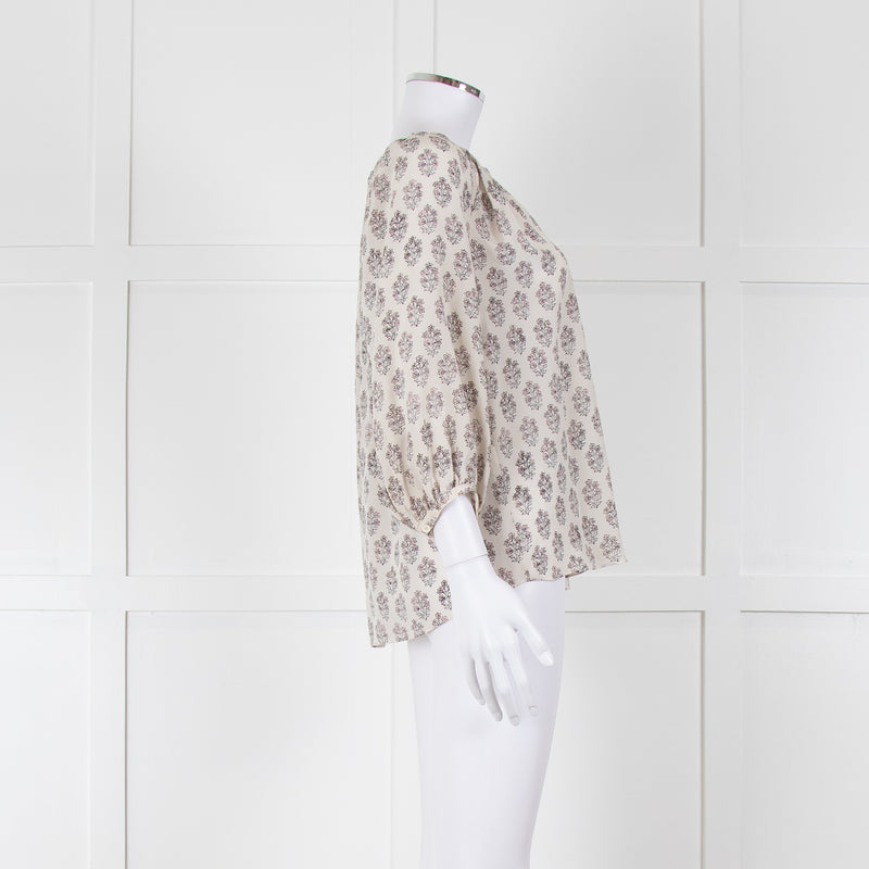 Rebecca Taylor Cream Pink Grey Silk Floral Print Tie Front Blouse