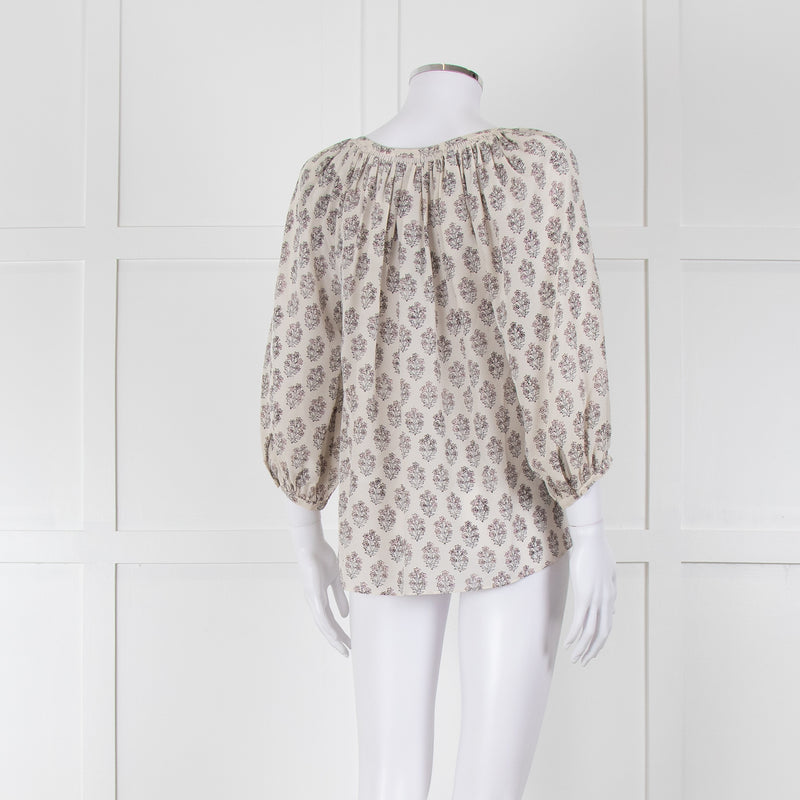 Rebecca Taylor Cream Pink Grey Silk Floral Print Tie Front Blouse