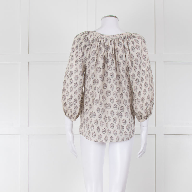 Rebecca Taylor Cream Pink Grey Silk Floral Print Tie Front Blouse