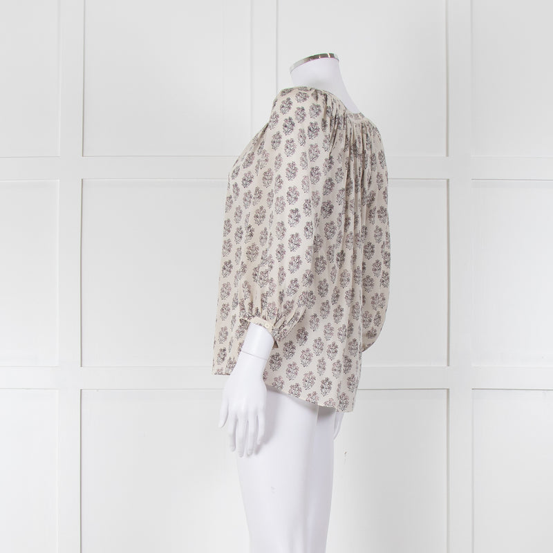 Rebecca Taylor Cream Pink Grey Silk Floral Print Tie Front Blouse