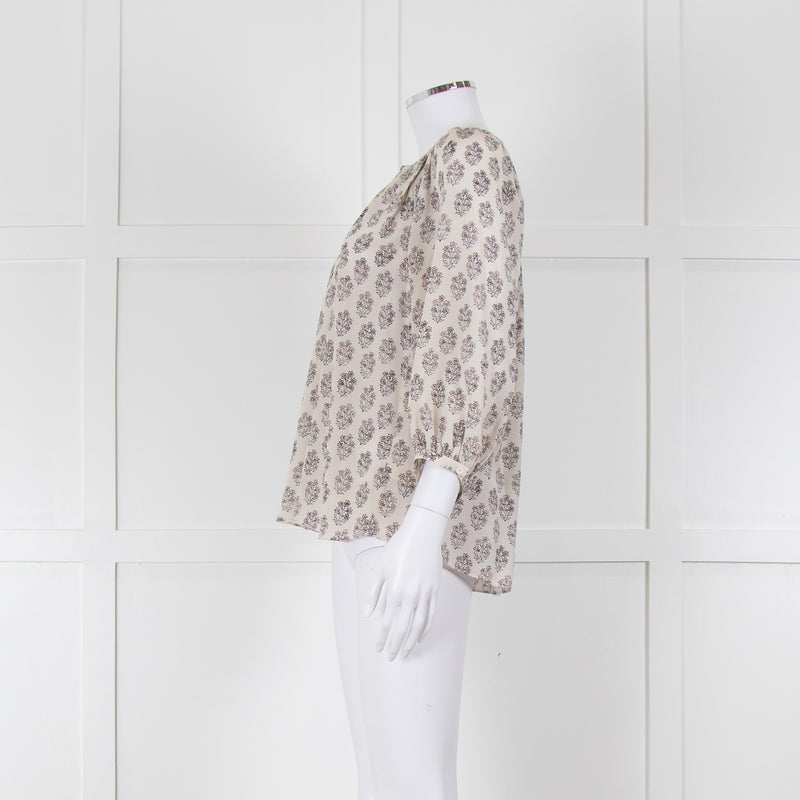Rebecca Taylor Cream Pink Grey Silk Floral Print Tie Front Blouse