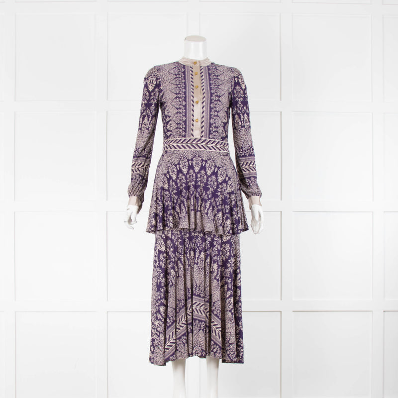 Tory Burch Purple Beige Floral Silk Jersey Mix Maxi Dress