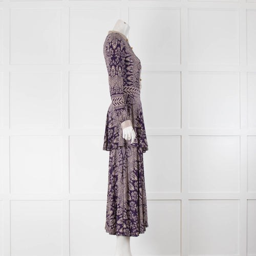 Tory Burch Purple Beige Floral Silk Jersey Mix Maxi Dress