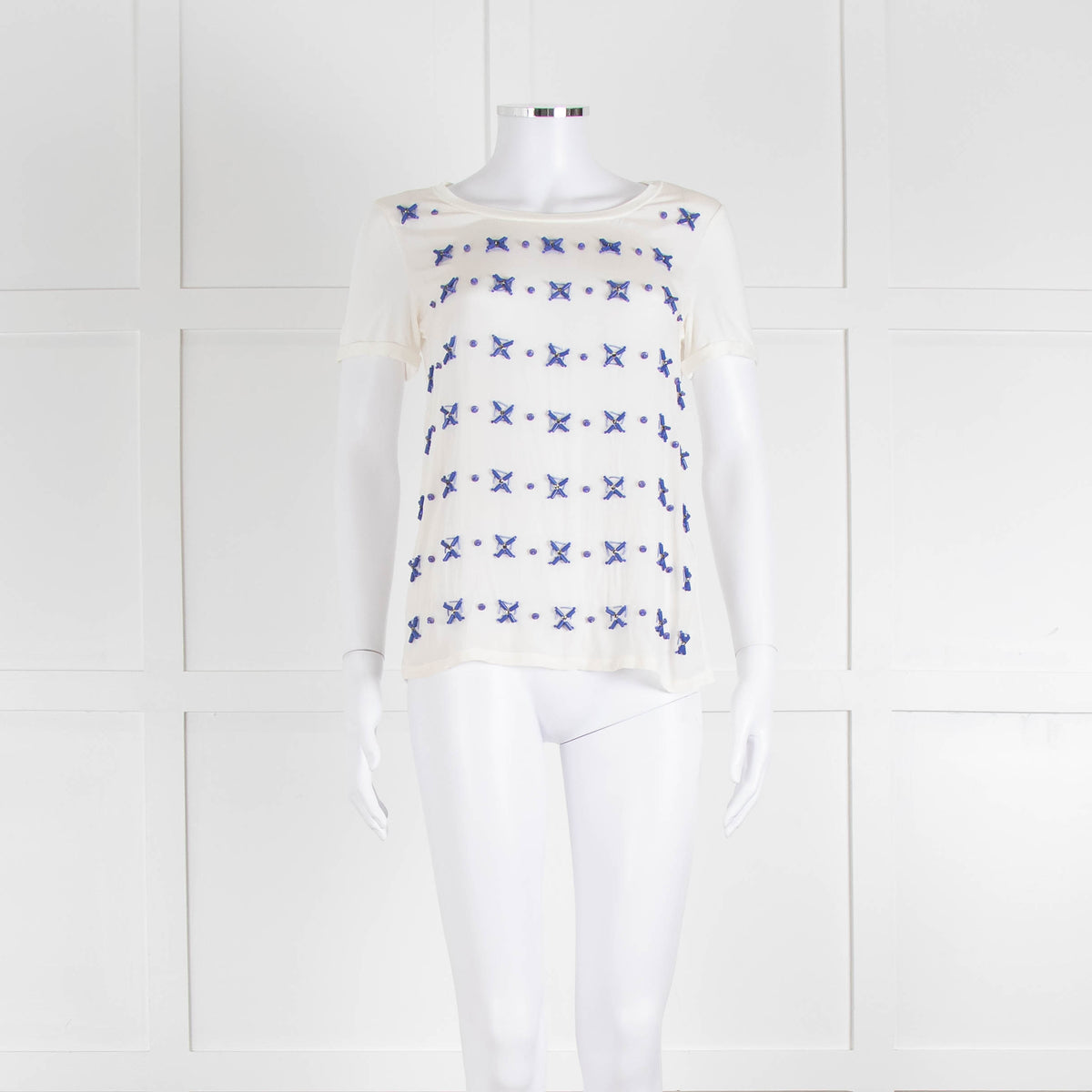 Weekend Max Mara White T-Shirt with Blue Beaded Front