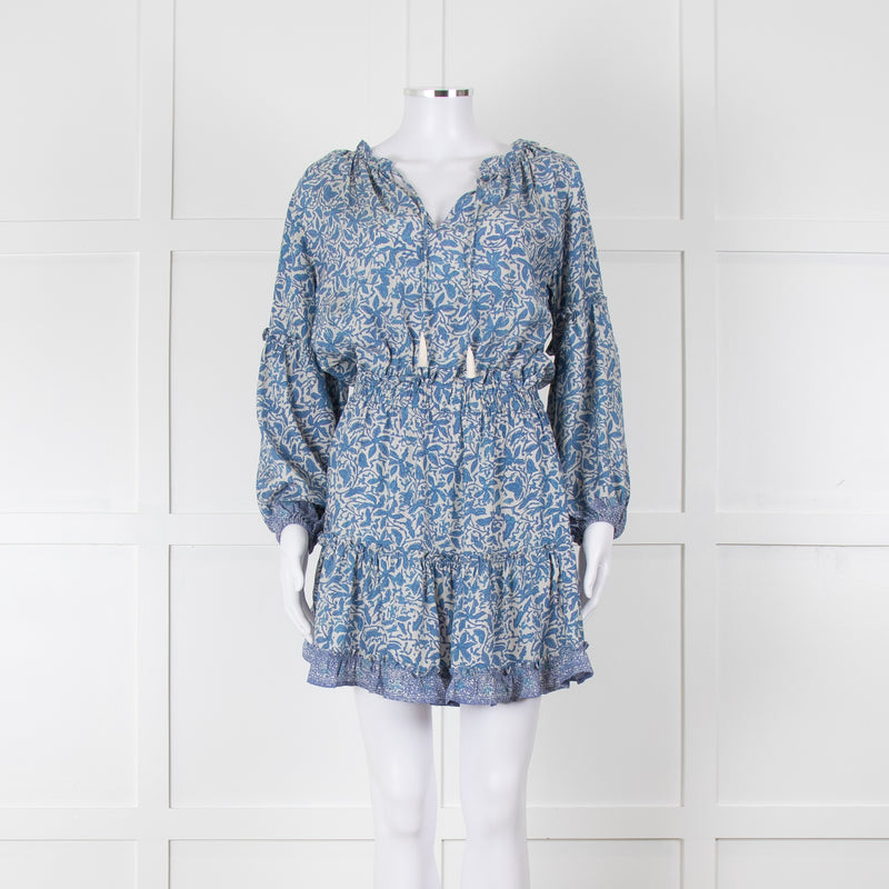 Natalie Martin Cream Blue Floral Long Sleeve Mini Silk Dress