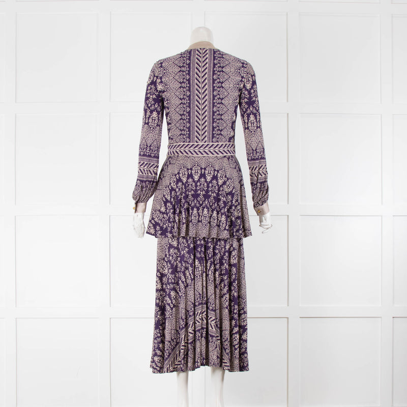 Tory Burch Purple Beige Floral Silk Jersey Mix Maxi Dress