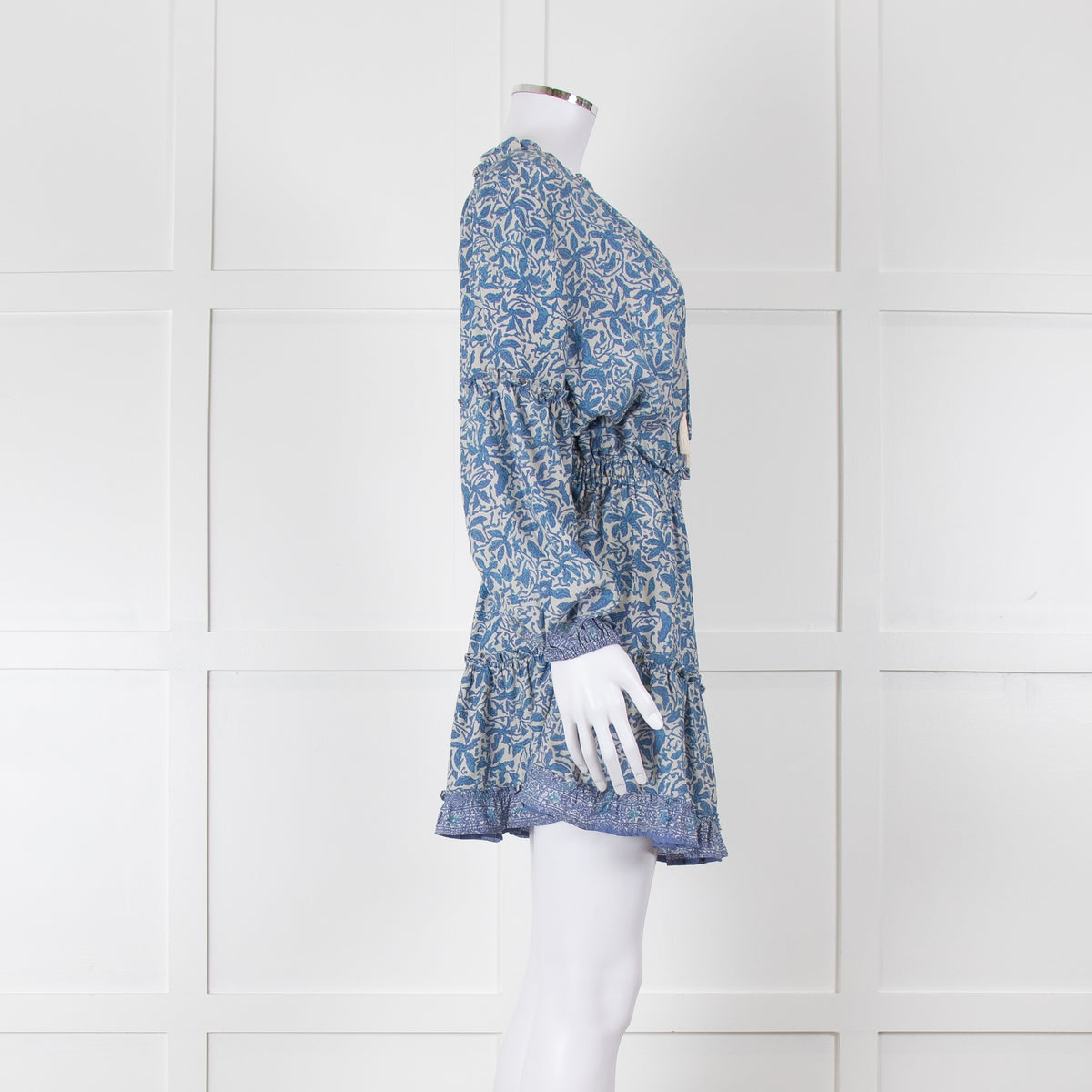 Natalie Martin Cream Blue Floral Long Sleeve Mini Silk Dress